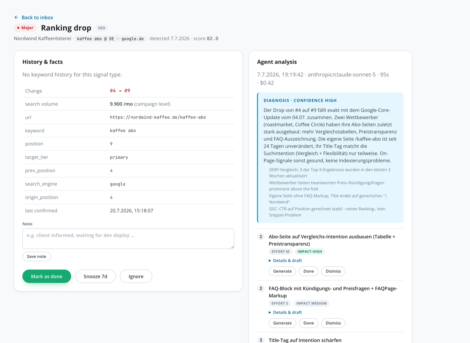 Signal-Detail mit Agent-Analyse: Diagnose mit hoher Konfidenz, Belege aus SERP-Vergleich und GSC, priorisierte Maßnahmen mit Aufwand und Impact