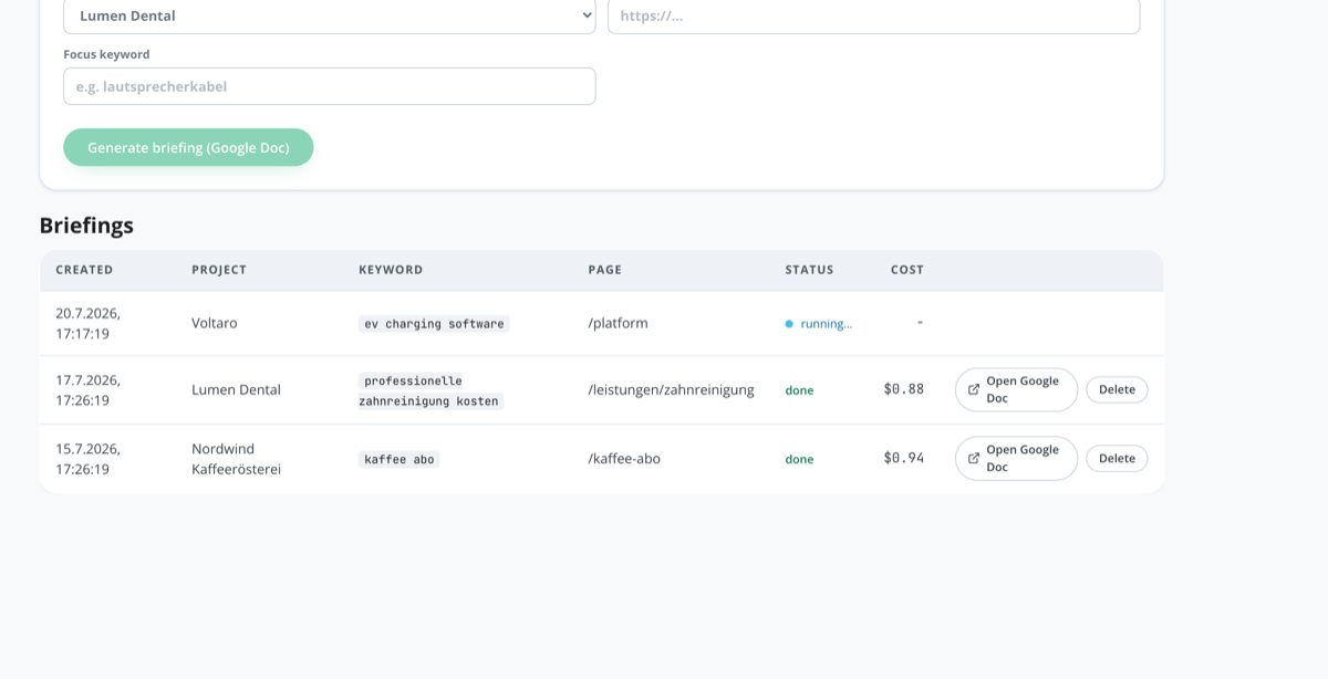 SEO-Briefings: Formular für Projekt, URL und Fokus-Keyword, darunter Liste erstellter Briefings mit Status und Kosten als Google Doc