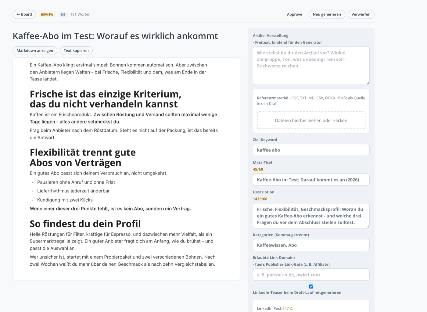 Content-Editor mit Fließtext und SEO-Hinweisen, Fokus-Keyword und Struktur