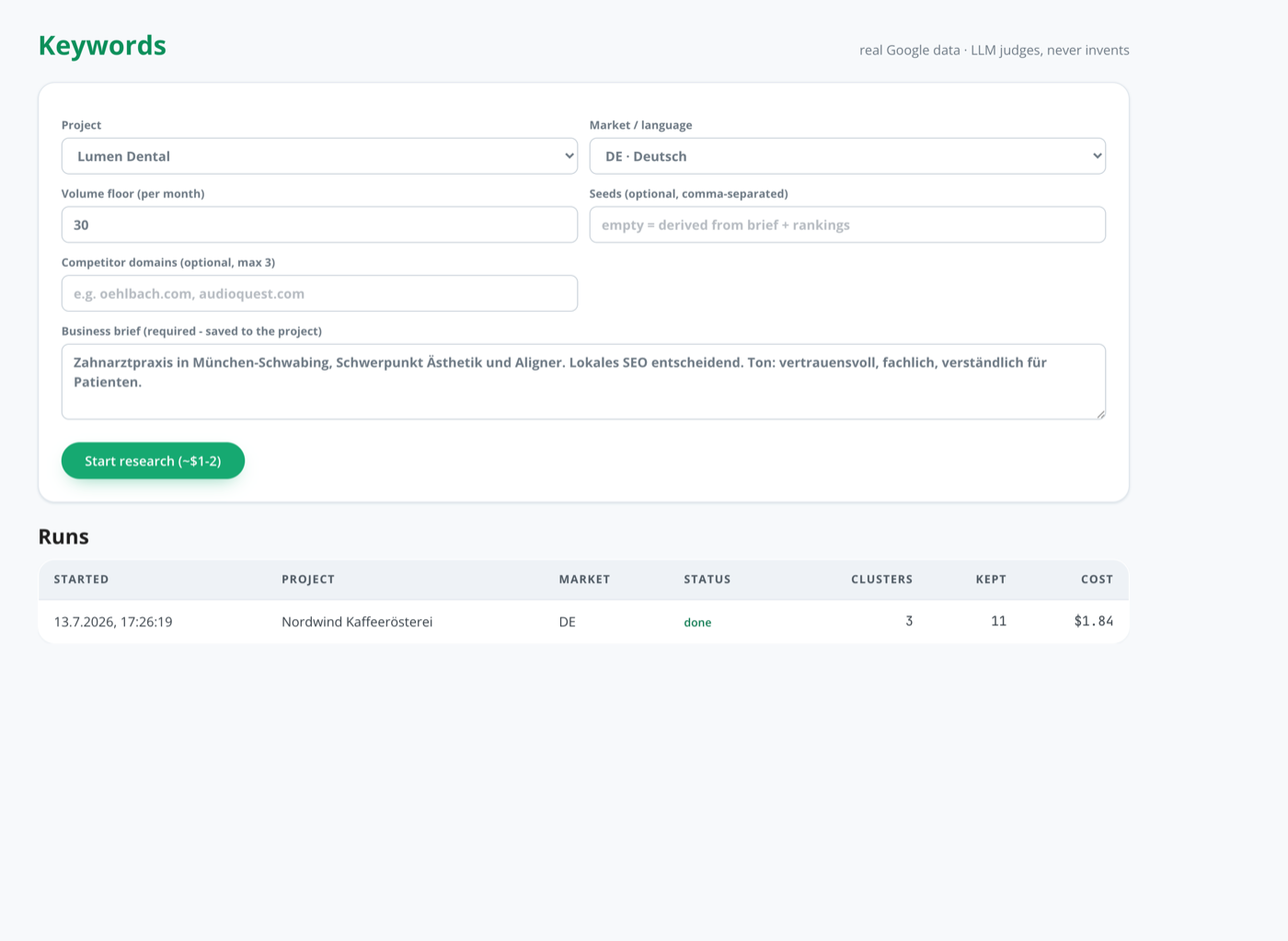 Keyword-Recherche-Formular mit Markt, Volume-Floor, Wettbewerbern und Business-Brief, darunter die Liste abgeschlossener Läufe mit Kosten