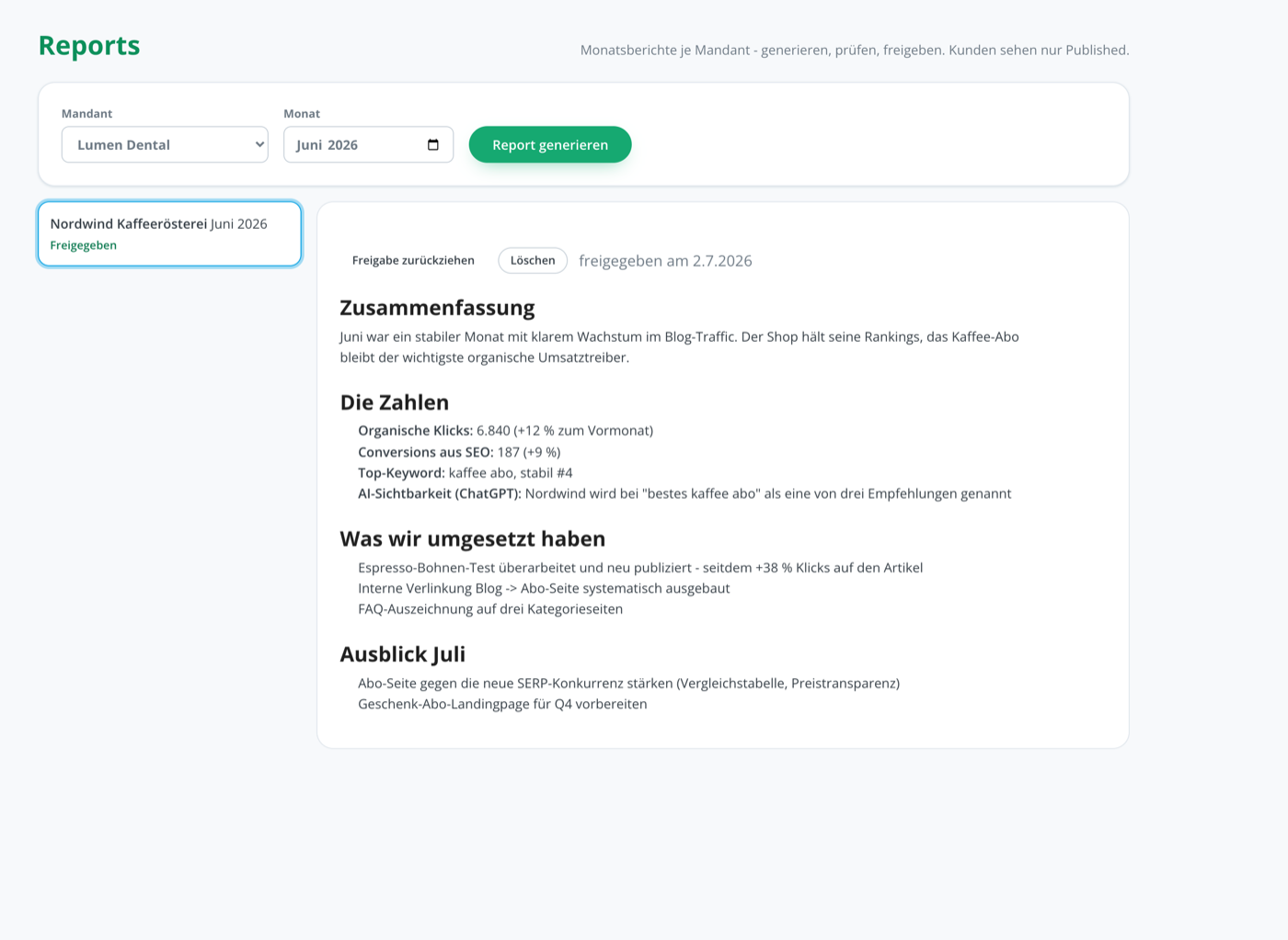 Monatsbericht mit Zusammenfassung, Zahlen (organische Klicks, Conversions, Top-Keyword, AI-Sichtbarkeit), umgesetzten Maßnahmen und Ausblick